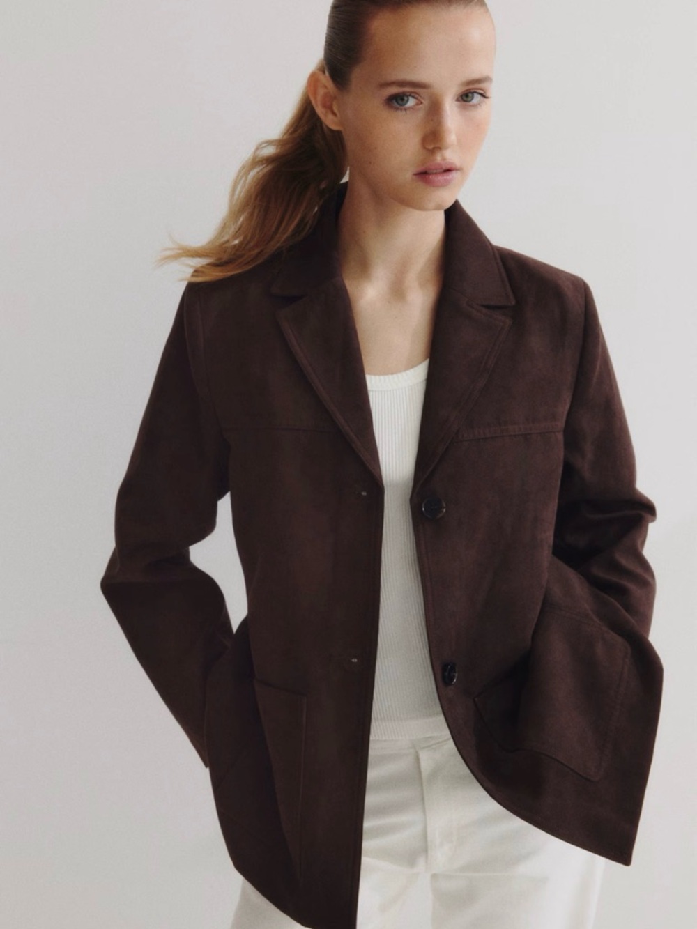 H&M Dark Brown Suede Notch Collar Blazer